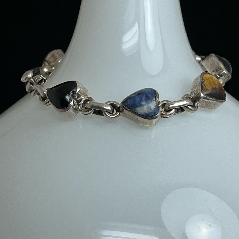 Vintage Taxco 7 Inch Heart Shaped Multi Stone Sterling Silver Bracelet - Picture 3 of 9